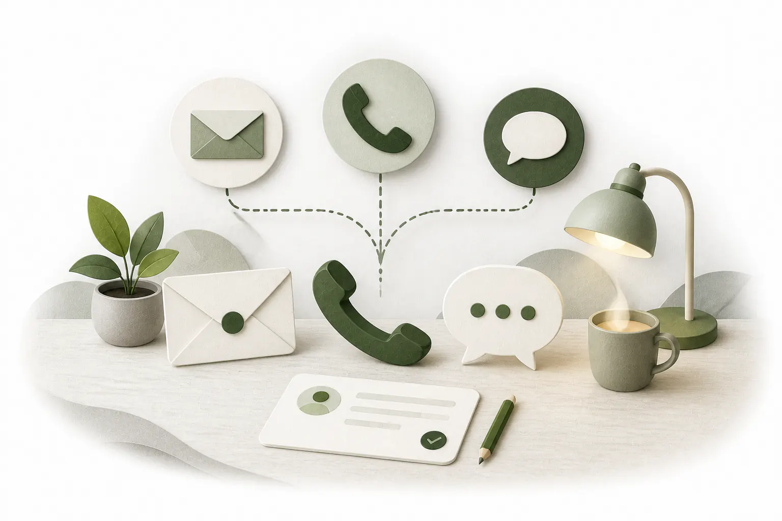 Stilisierte KiWichtel-Illustration mit gleichwertigen Kontaktwegen per E-Mail, Telefon und Chat