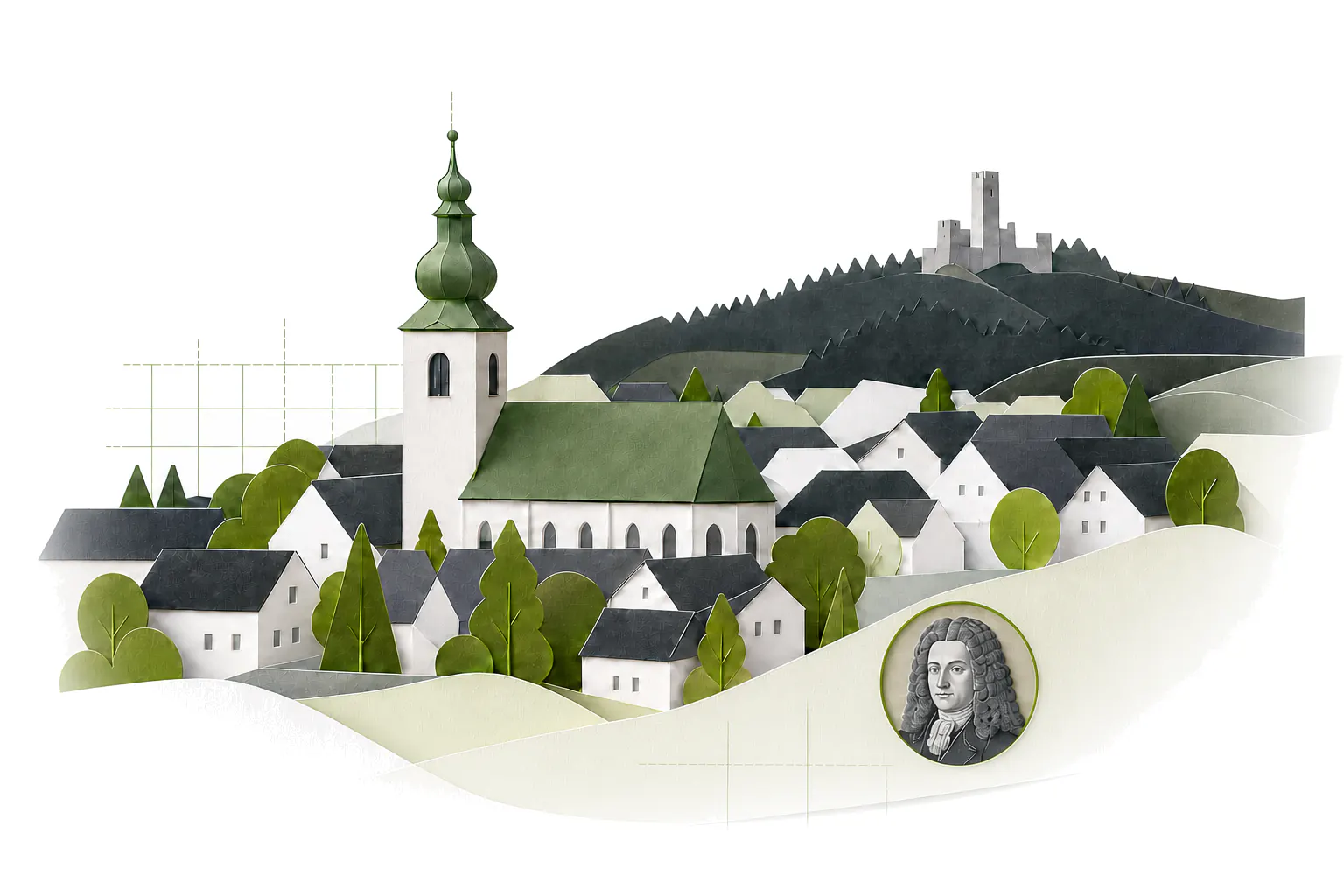 Stilisierte KiWichtel-Illustration mit Motiven aus Oberviechtach: Kirchturm, Burg Murach und Dr. Eisenbarth
