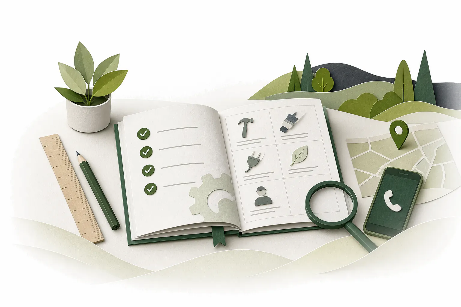 Stilisierte KiWichtel-Illustration eines praktischen Ratgebers mit Checkliste, Werkzeug, Karte und Lupe