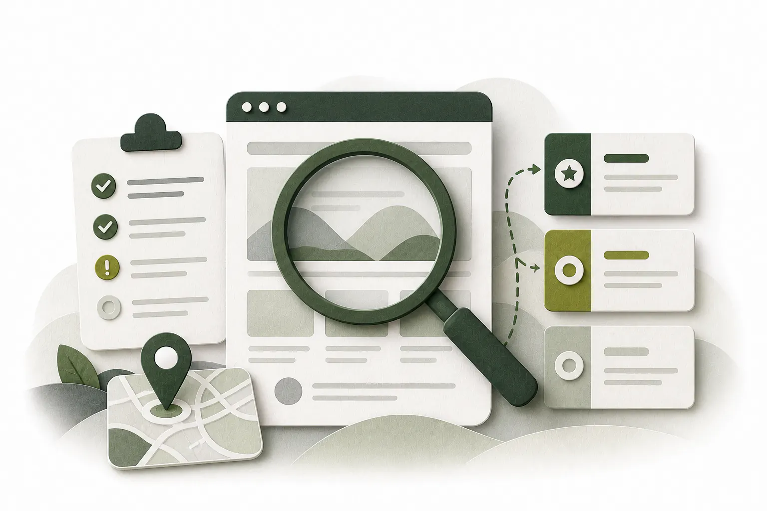 Stilisierte KiWichtel-Illustration einer Website-Prüfung mit Lupe, Checkliste, Standort und priorisiertem Maßnahmenplan