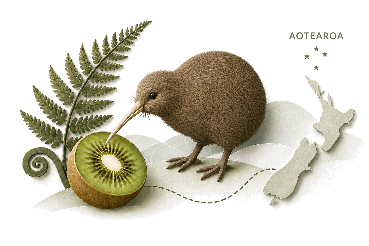 Stilisierte KiWichtel-Illustration mit Kiwi-Vogel, Kiwi-Frucht, Neuseeland, Aotearoa-Schriftzug und Southern Cross